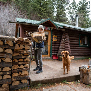 Person wearing muck boots carrying firewood next to a dog in front of a log cabin.