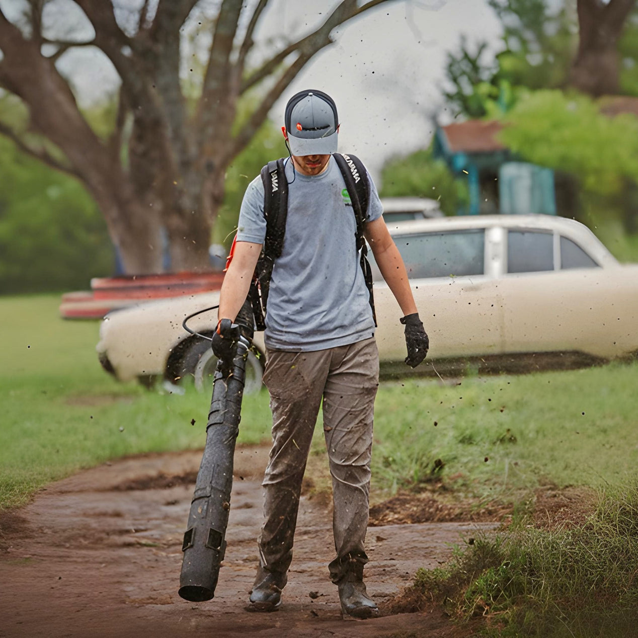 Spencer B. using a leaf blower at his job.