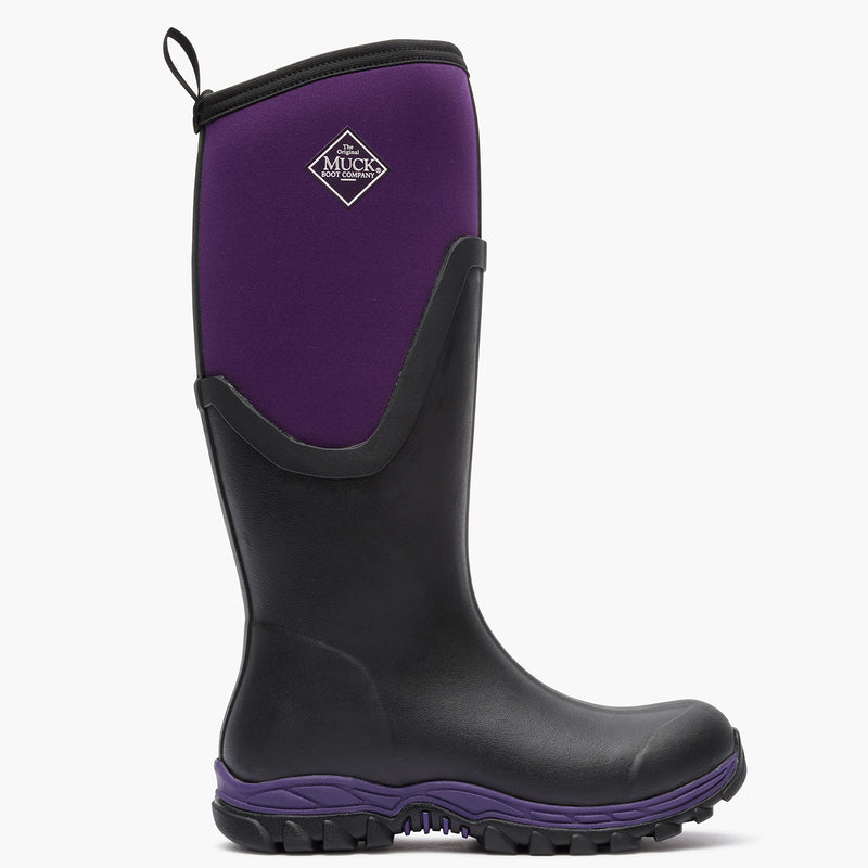 Black and purple rubber boot with Muck Boot Company logo on a white background