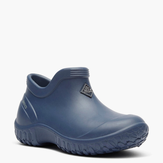Blue rubber shoe with a brand logo on a white background