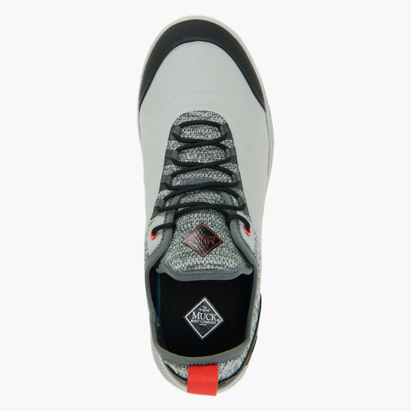Gray and black sneaker with red tag on a white background