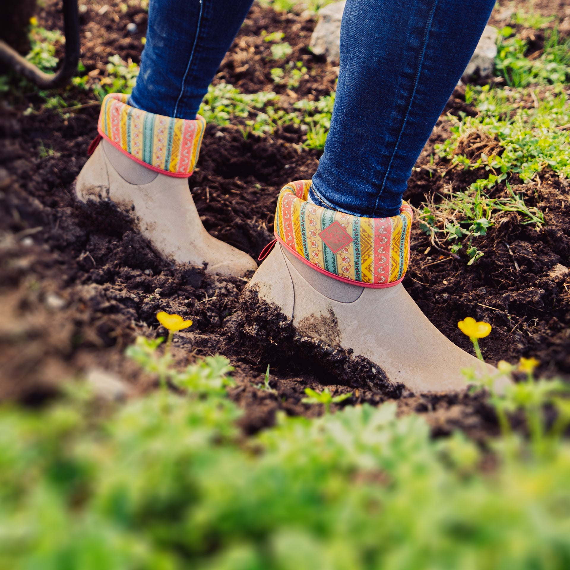 Person wearing tan muck boots with colorful cuffs, walking through mud in a garden