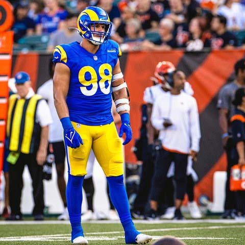 Brayden T. wearing his Rams uniform in a NFL game