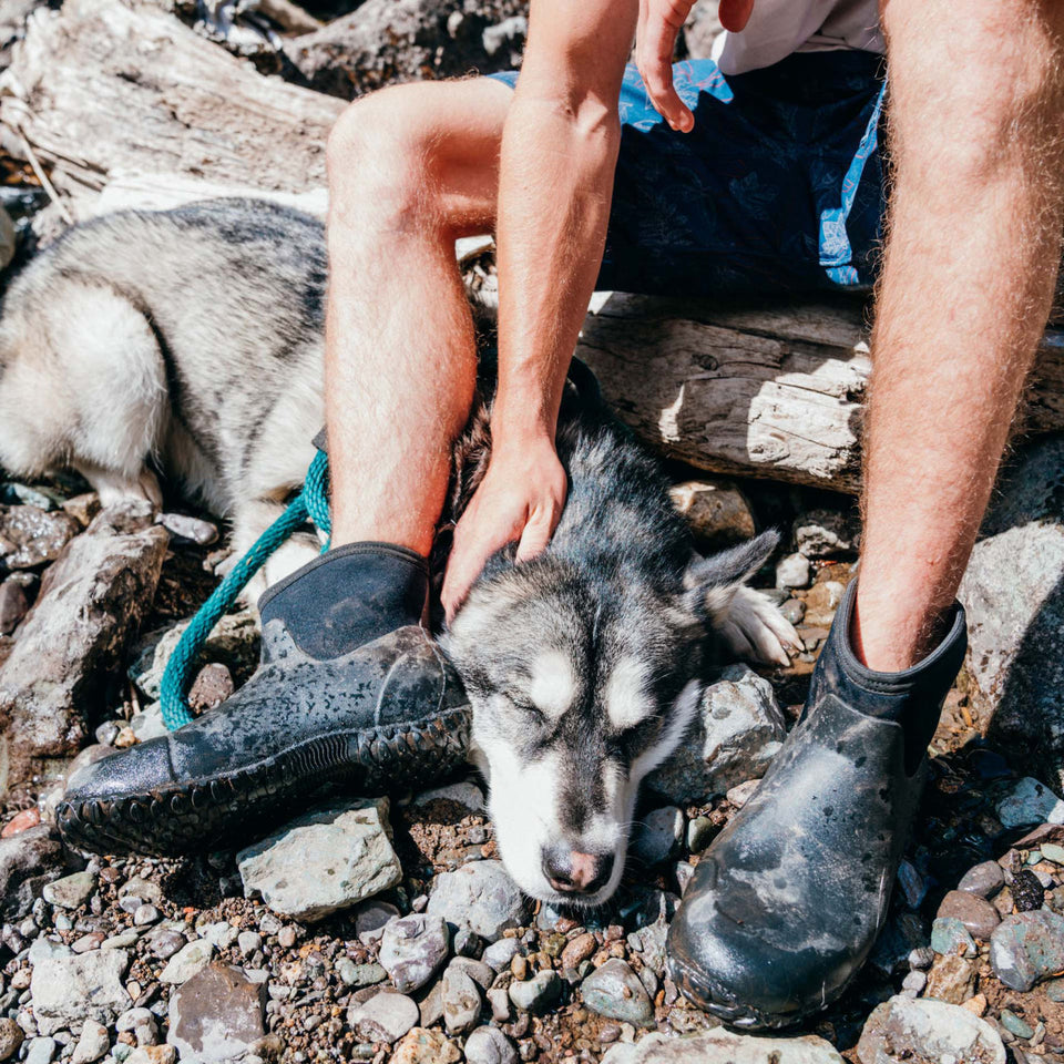 Person wearing muck boots petting a dog on rocky ground