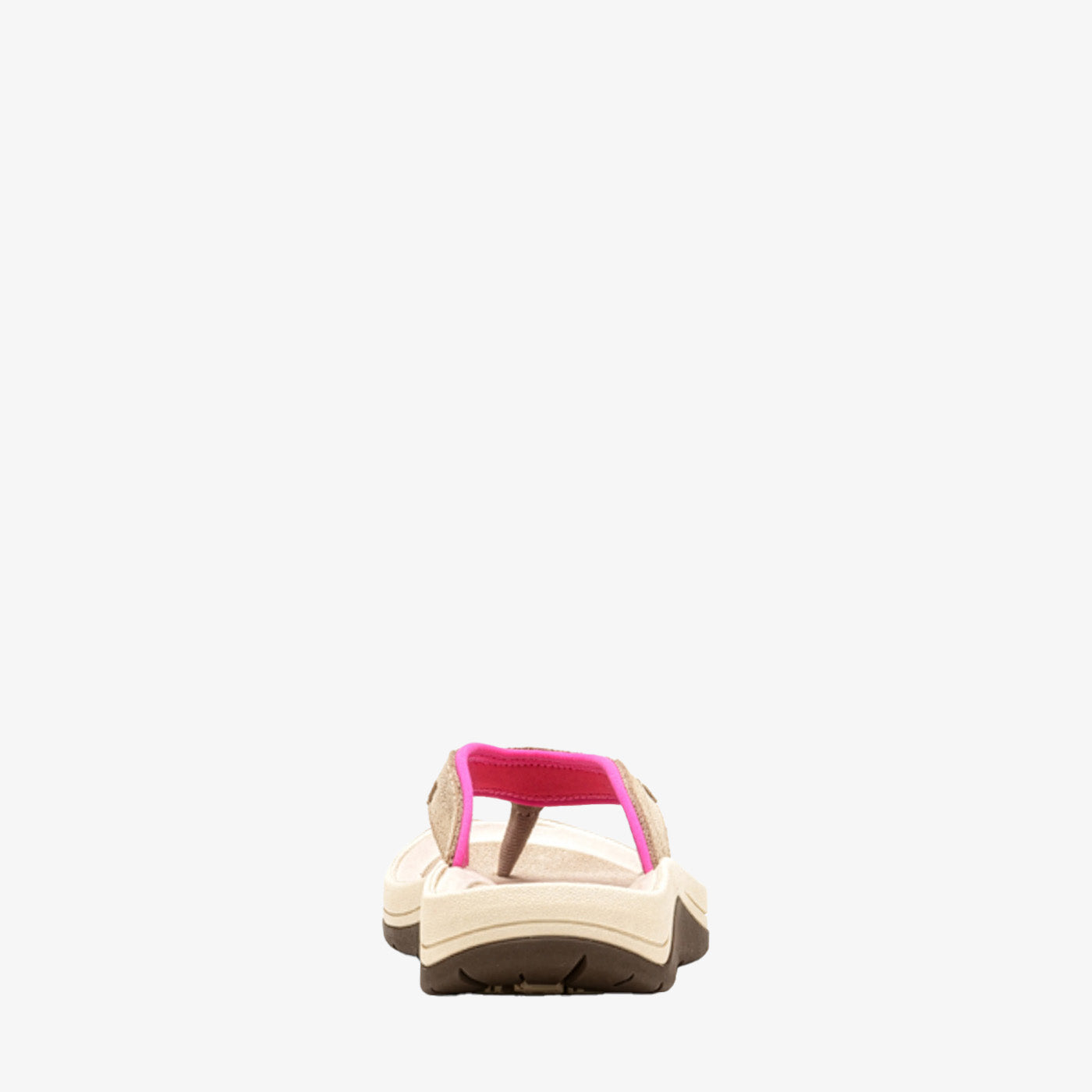 A single women's thong sandal shown from the back, featuring a cream-colored platform sole, a metallic gold side strap, and a bright pink inner lining.