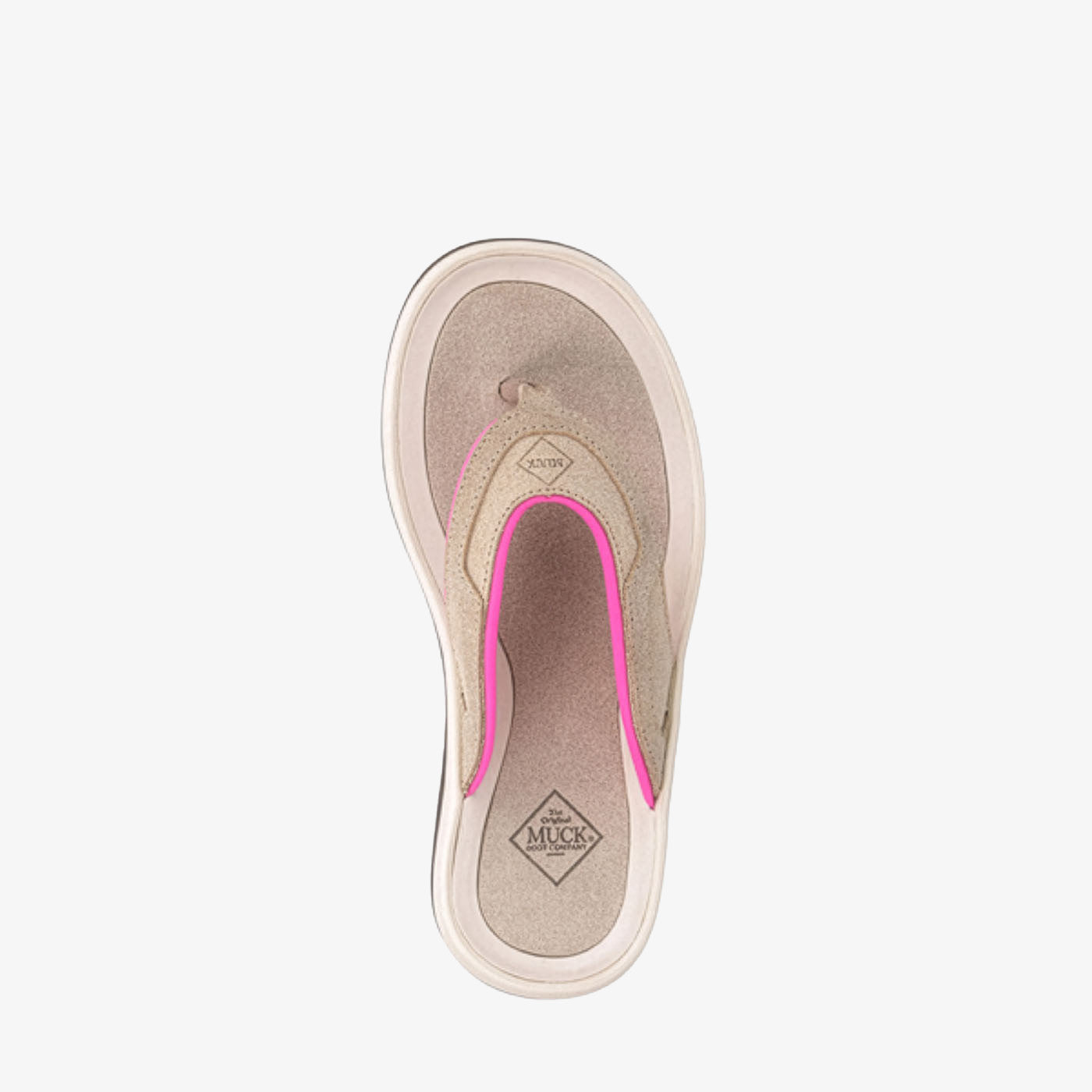 A single wedge flip-flop sandal shown from a top-down view on a white background. The sandal features a metallic gold glitter upper, a beige insole with a visible 'The MKC' logo, and a bright pink inner lining accent.