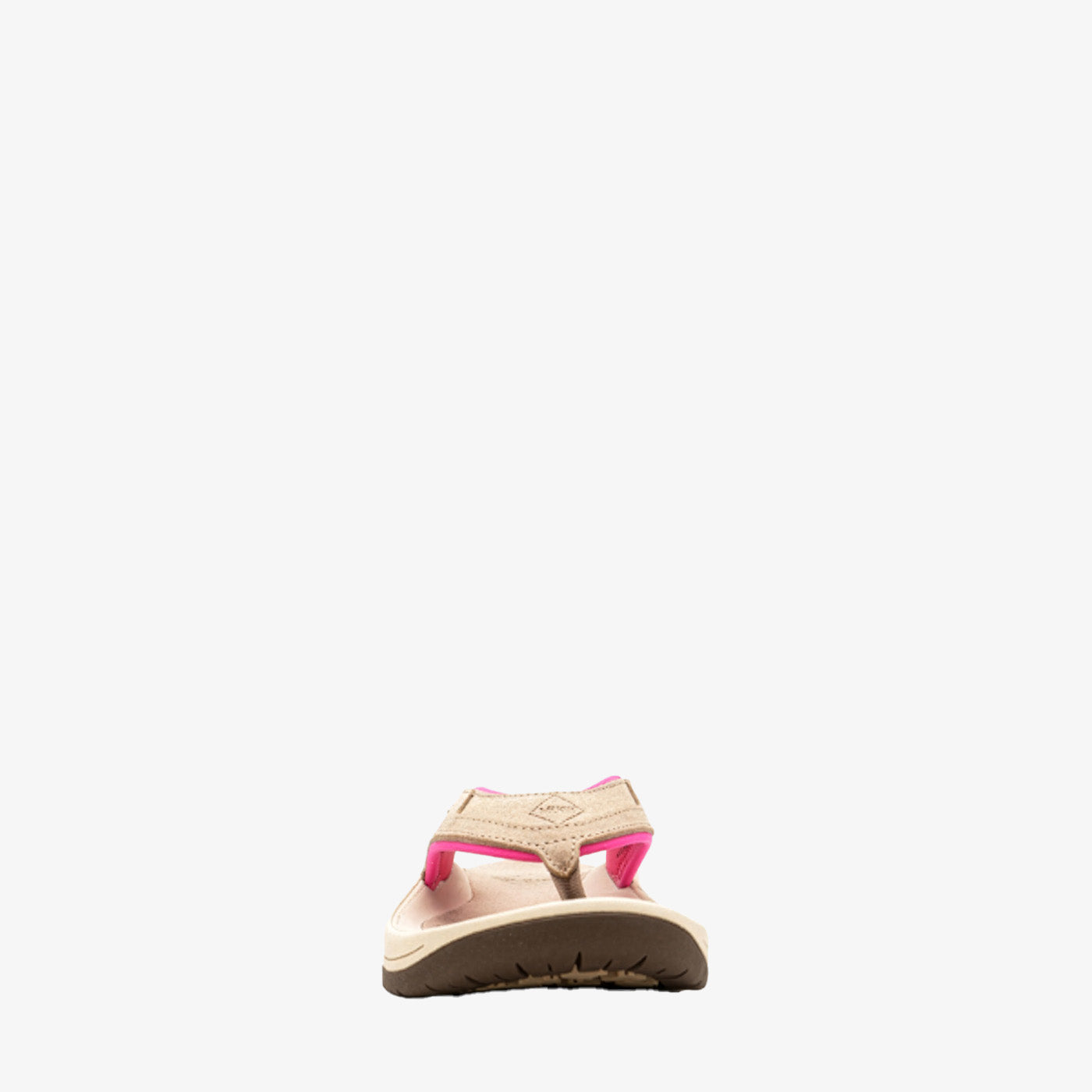 A single Chaco flip-flop sandal shown from the back, featuring a beige footbed and strap with a bright pink inner lining and a brown outsole, set against a plain white background.