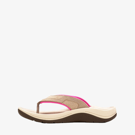 A single women's flip-flop sandal shown in side profile against a plain white background. The sandal features a beige textured upper strap with a vibrant hot pink accent line, a cream-colored footbed, and a dark brown outsole.