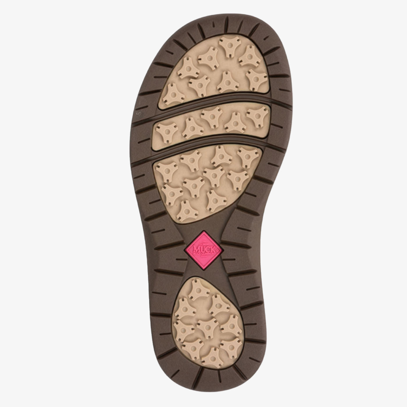 The outsole of a boot or shoe, featuring a dark brown tread with three textured beige cushioned zones and a small pink Muck logo diamond in the center.