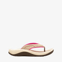 A single women's flip-flop sandal shown in a side profile on a white background. The sandal features a beige woven upper strap with a vibrant hot pink accent, resting on a thick beige footbed and a dark brown outsole.