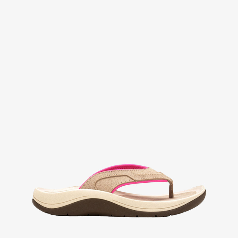 A single women's flip-flop sandal shown in a side profile on a white background. The sandal features a beige woven upper strap with a vibrant hot pink accent, resting on a thick beige footbed and a dark brown outsole.