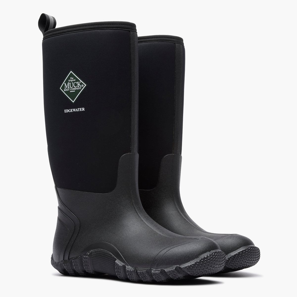 SKU: EWH000T — Edgewater Original Men's 15" Field Boot (Pair of Black field boots on a 3/4 angle on a grey background)