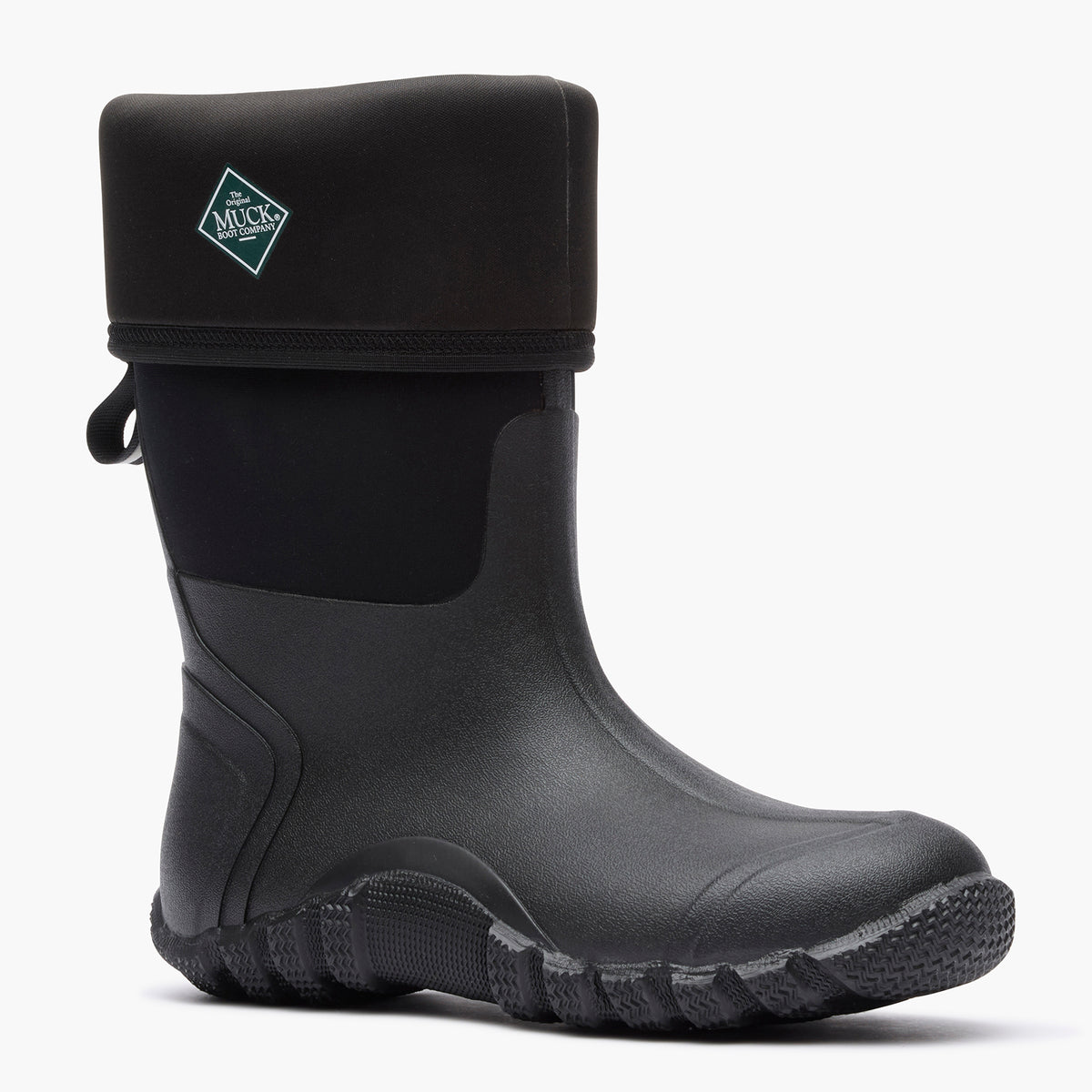 SKU: EWH000T — Edgewater Original Men's 15" Field Boot (3/4 angle view of Black field boot with half inside out on a grey background)