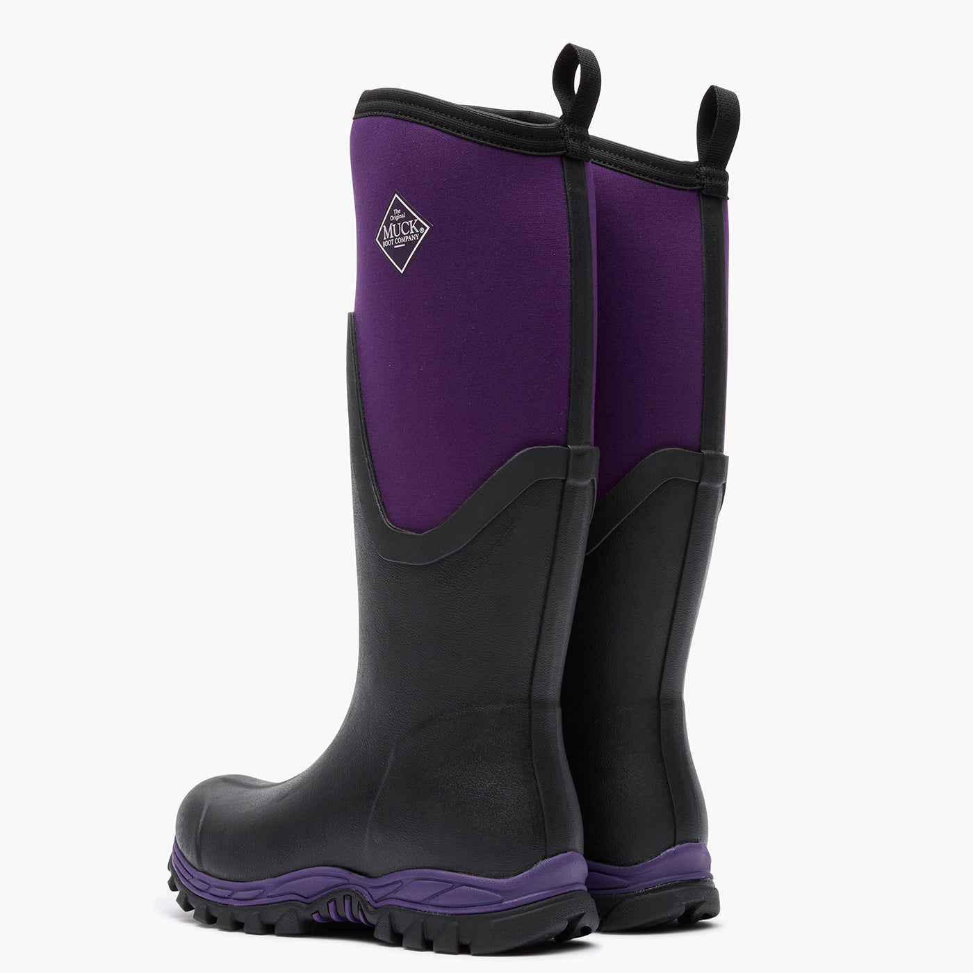 Pair of black and purple boots on a white background