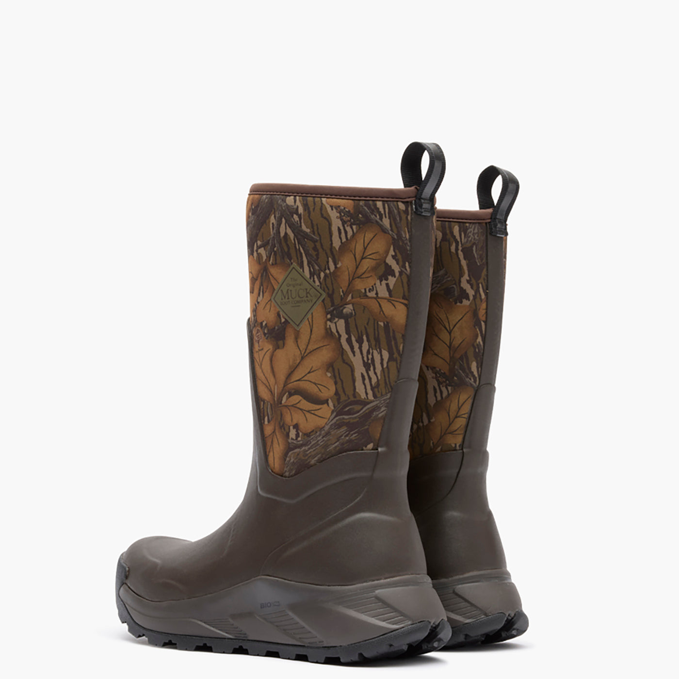 Pair of camouflage-patterned rubber Muck boots on a white background