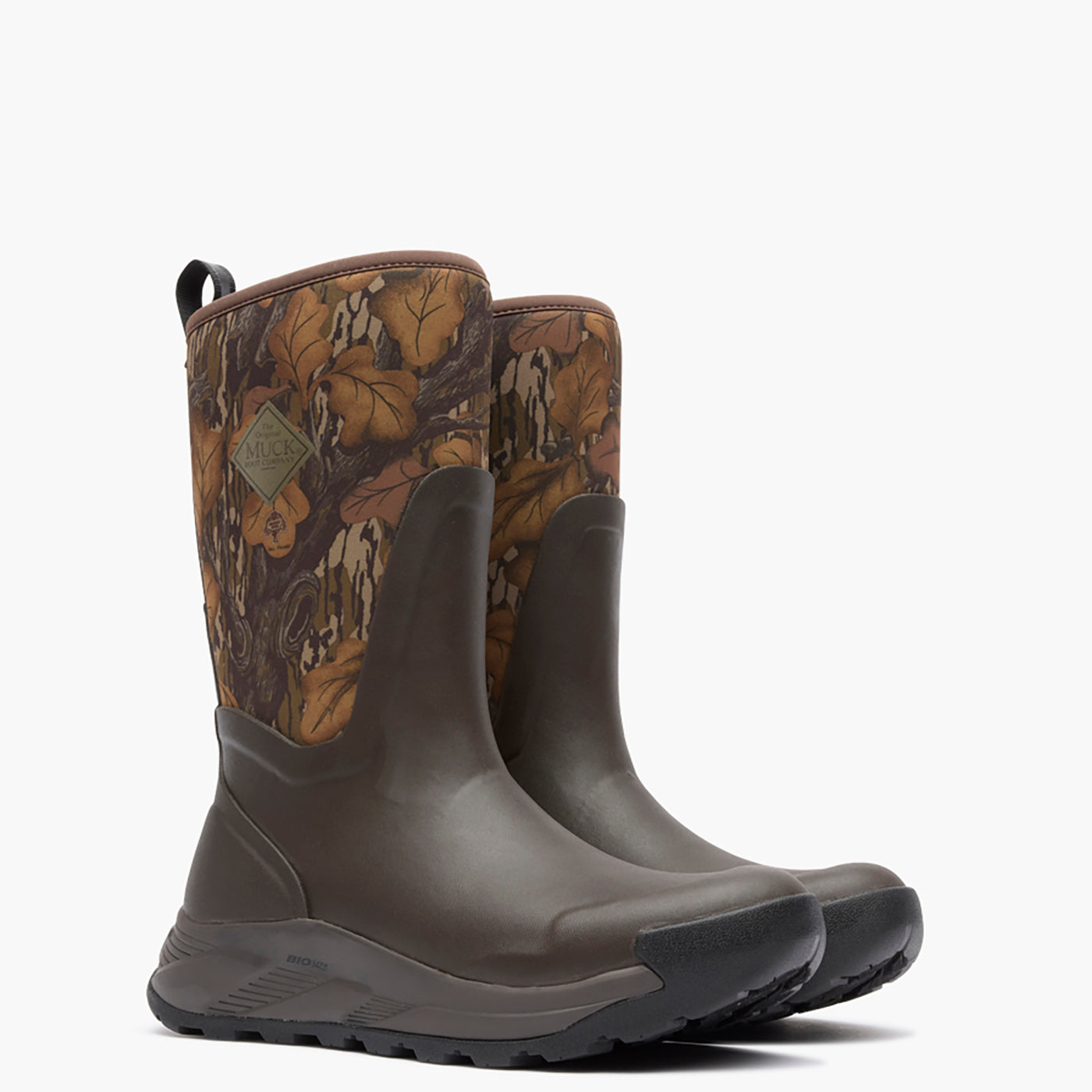 Pair of dark green rubber boots with camouflage pattern on a white background
