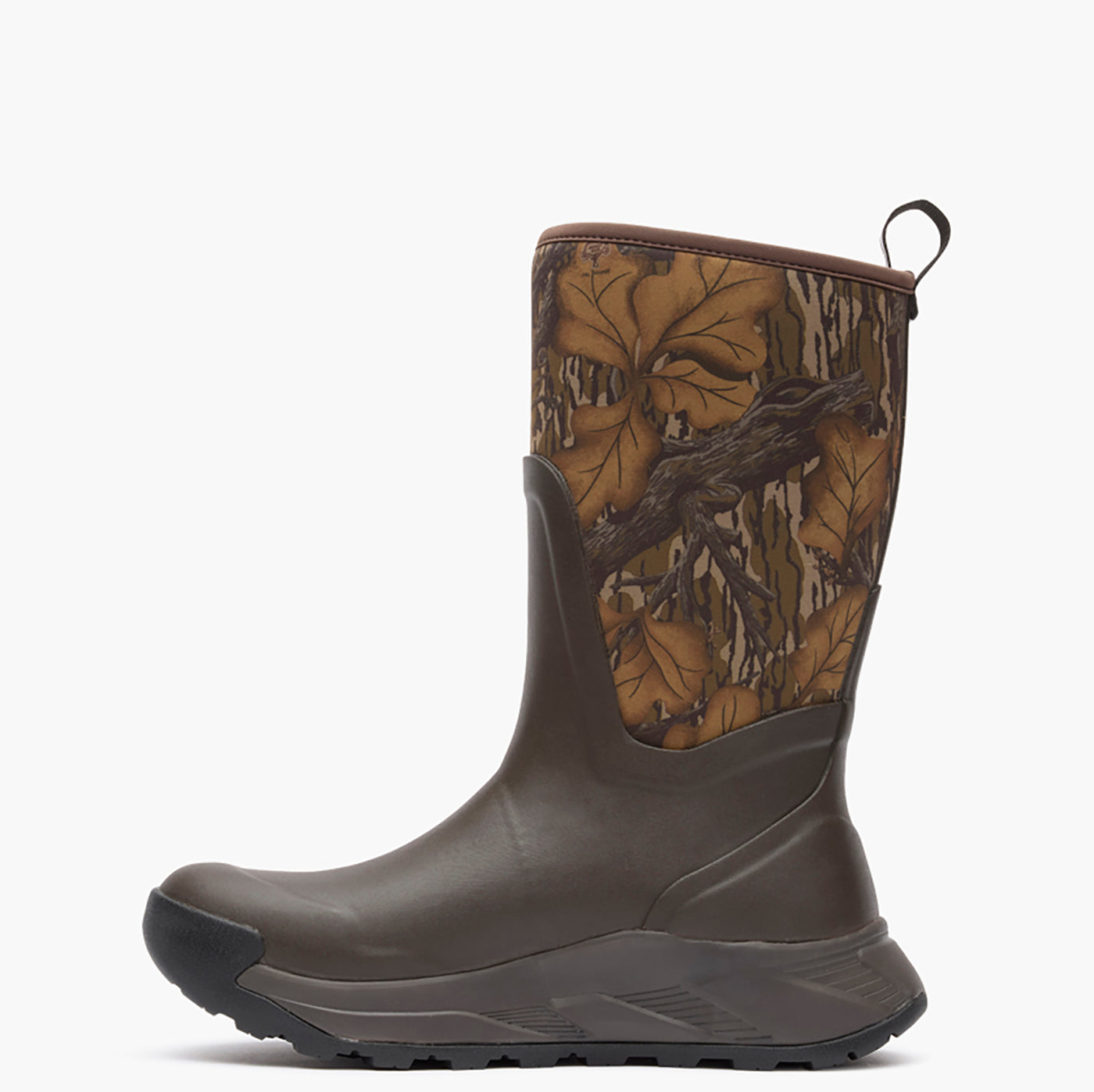 Brown rubber Muck boot with camouflage pattern on a white background