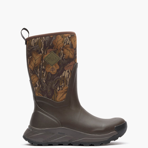 Brown rubber boot with camouflage pattern on a white background