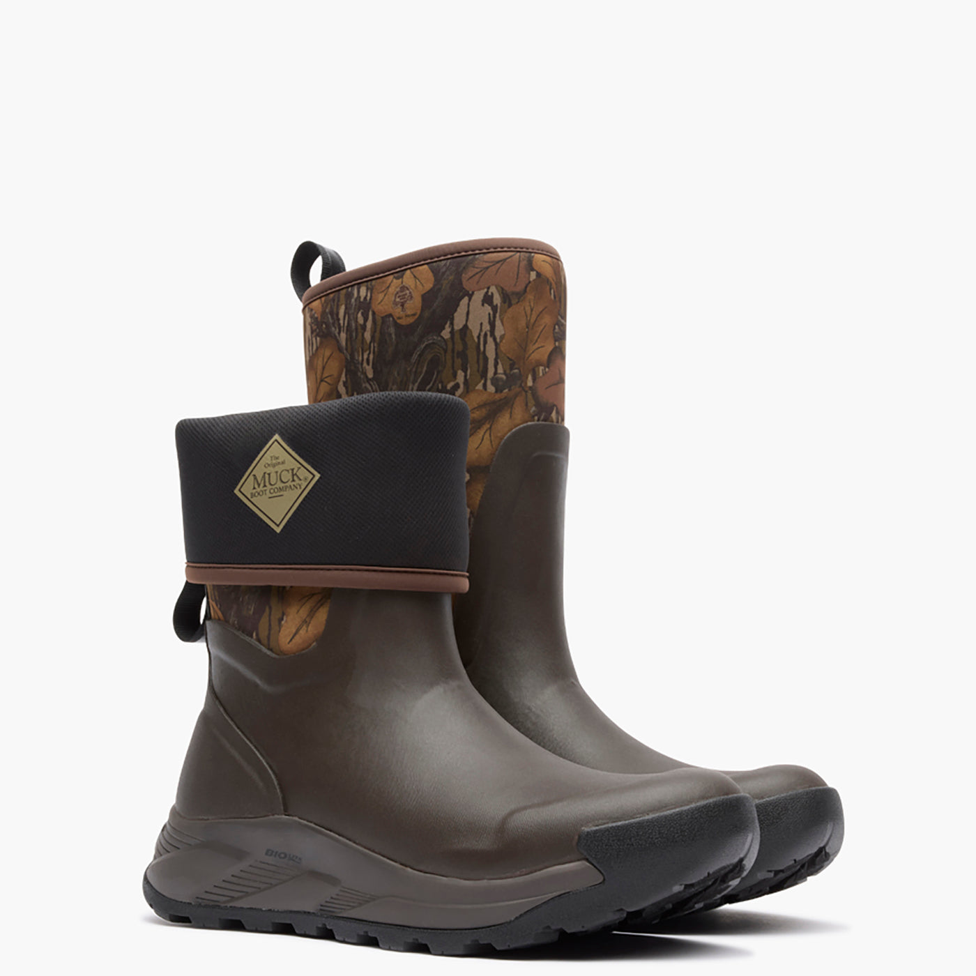 Pair of Muck green rubber boots with camouflage pattern on a white background