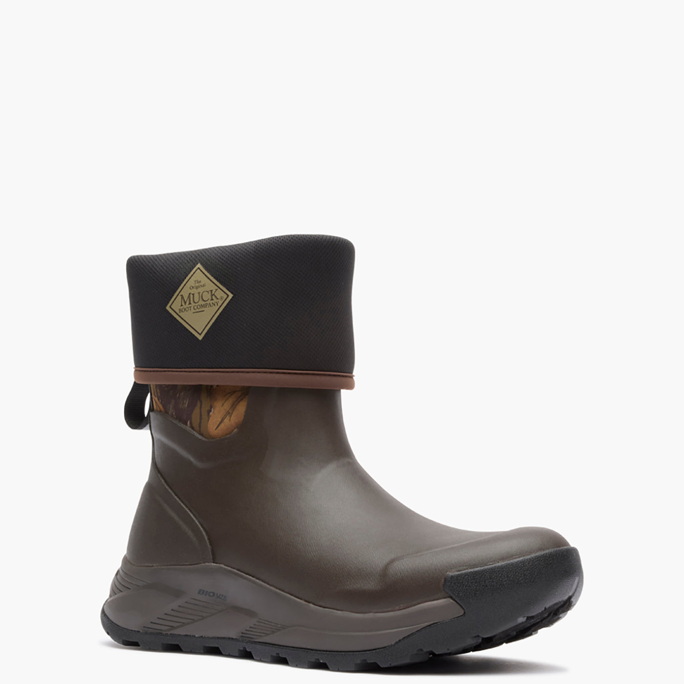 Muck Brown rubber boot with black cuff on a white background