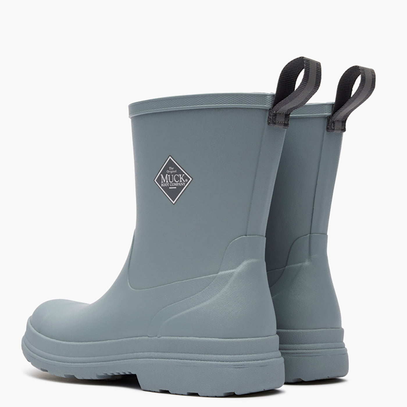 Pair of gray rubber boots with a brand logo on a white background