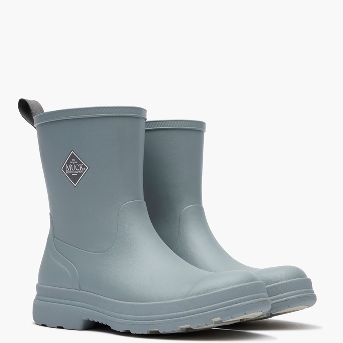 Pair of gray rubber boots with a brand logo on a white background