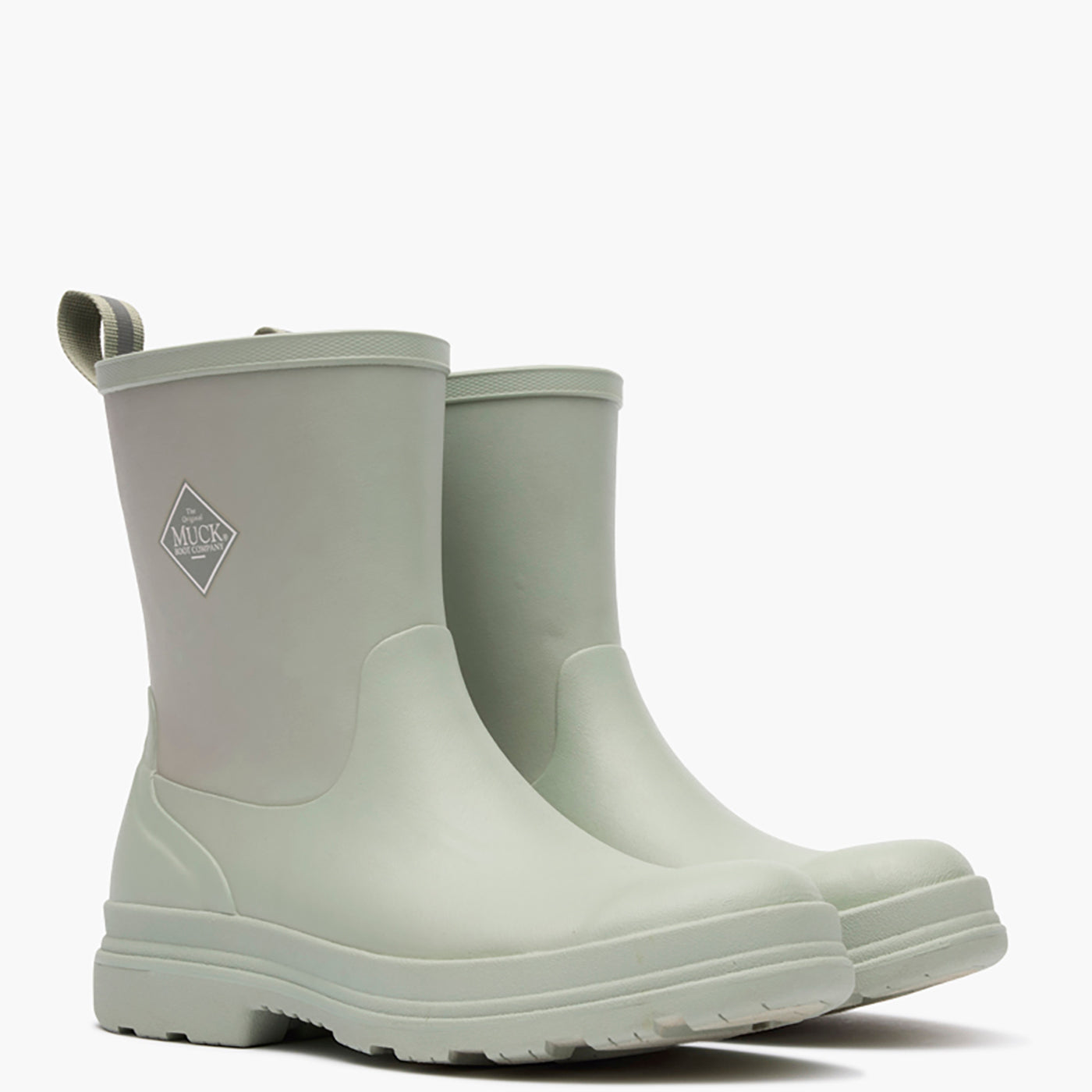 Pair of light gray rain boots with a brand logo on a white background
