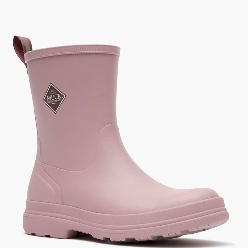 Pink rain boot with Muck boot logo on a white background