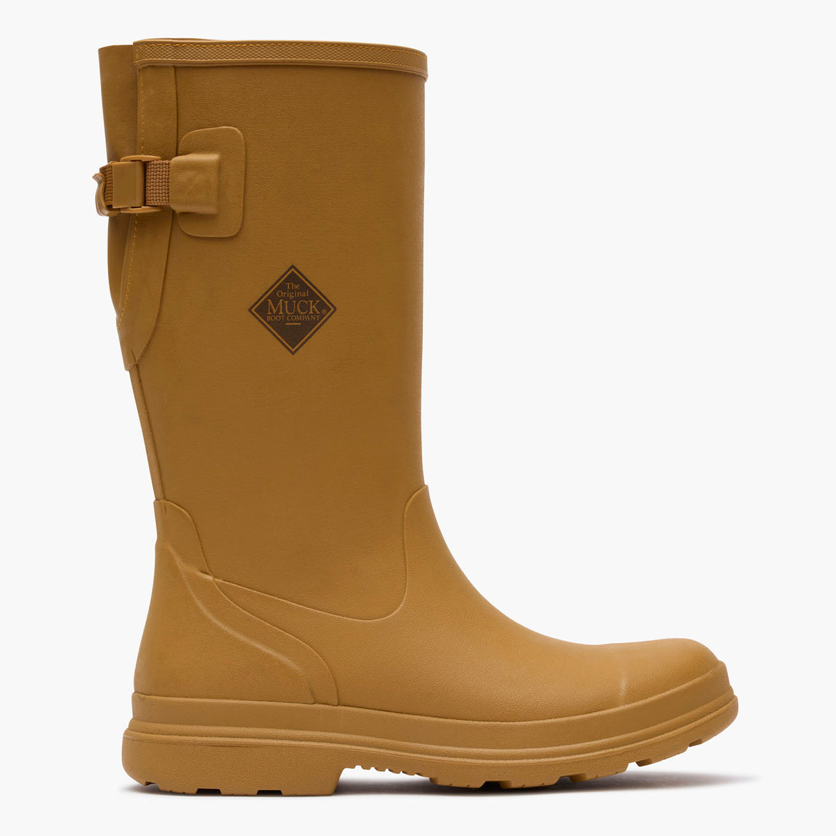 SKU: MRS12W82 — Rainscape Women's 12" Adjustable Rain Boot (Right side view of Brown adjustable rain boot on a grey background)