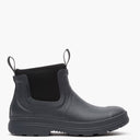 Black rubber boot with elastic side panels on a white background