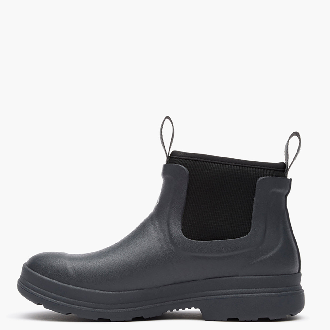 Black rubber boot with elastic side panels on a white background