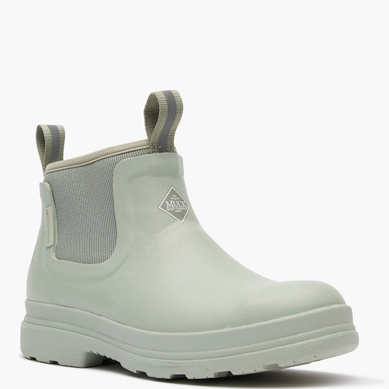 Light green rubber boot with a brand logo on a white background