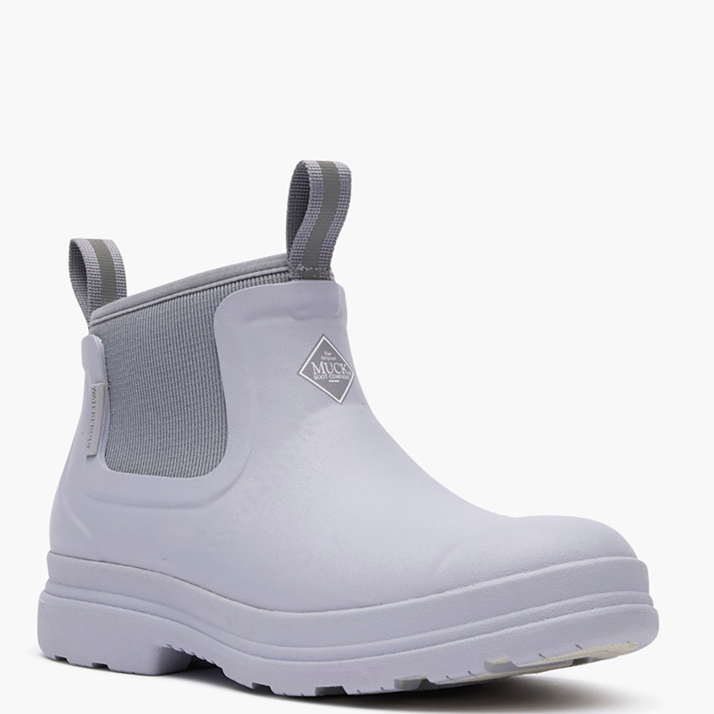 Gray rubber boot with a brand logo on a white background