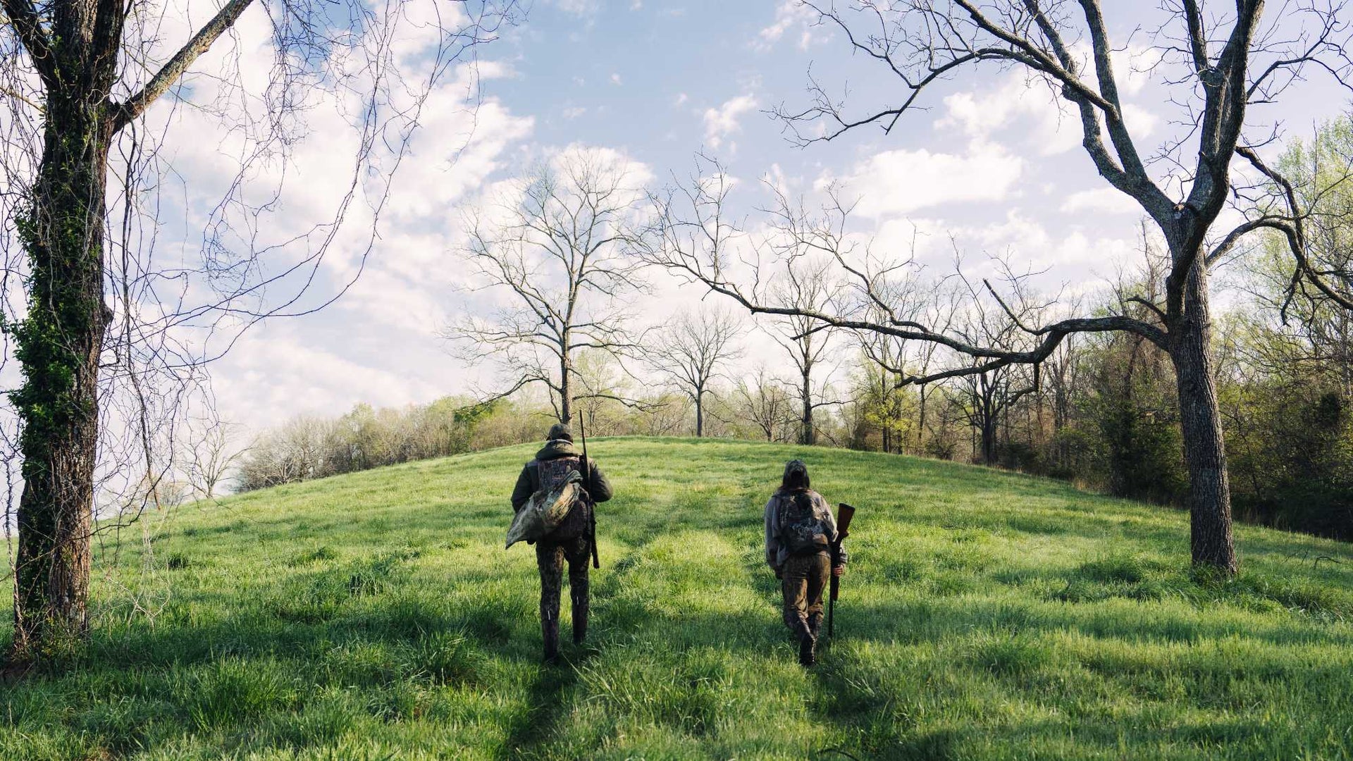 Two hunters with dogs walking on a grassy hillside with trees and blue sky.