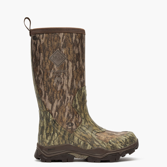 Muddy duck boot with camouflage pattern on a white background