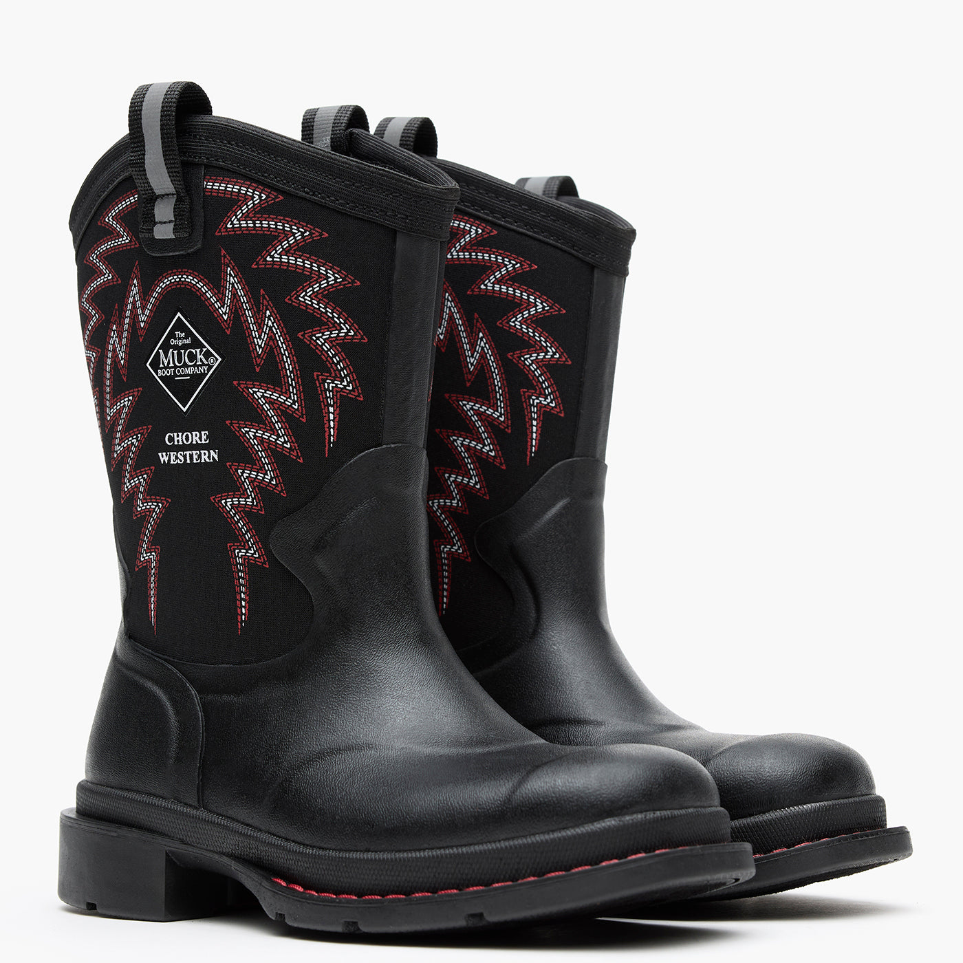 Pair of Chore Western Kids Rubber cowboy boot in black with red stitching on a white background