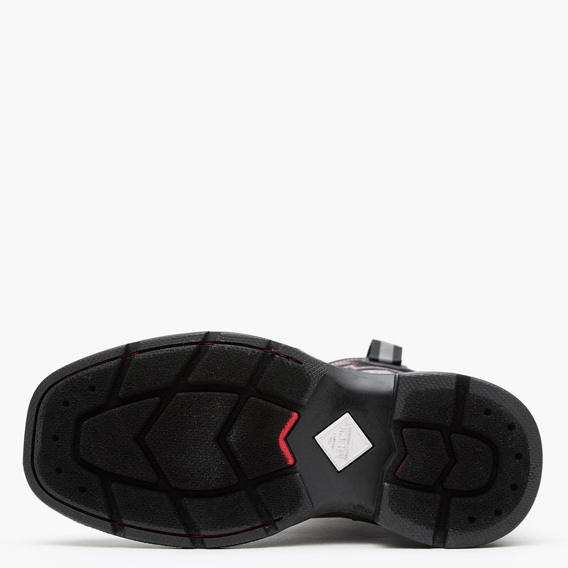 Chore Western Kids Rubber cowboy boot  outsole in black with red stitching on a white background