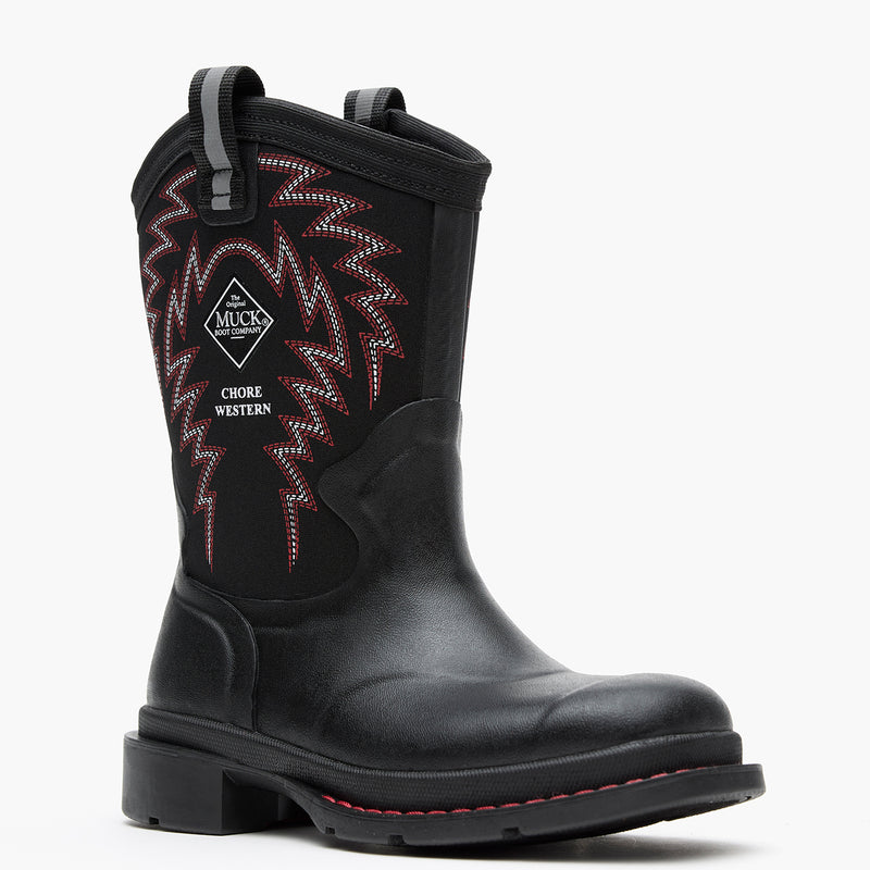 Chore Western Kids Rubber cowboy boot in black with red stitching on a white background