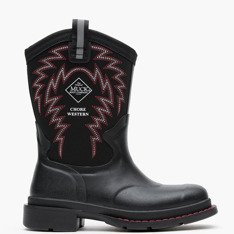 Chore Western Kids Rubber cowboy boot in black with red stitching on a white background