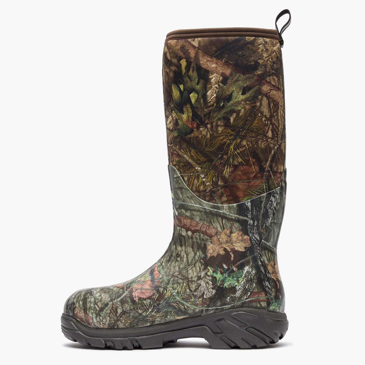 A single mid-calf hunting boot with a realistic woodland camouflage pattern, featuring a dark gray rugged sole and a small black pull tab at the top, shown against a plain white background.