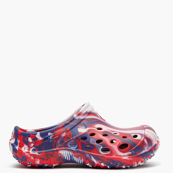 Colorful clog shoe with a abstract pattern on a white background