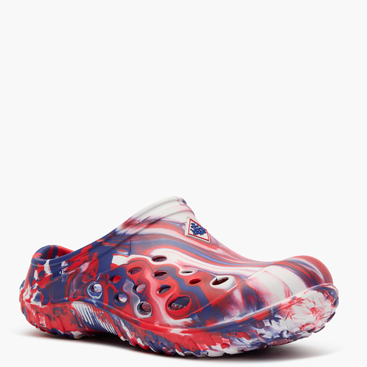 Colorful clog shoe with a pattern on a white background
