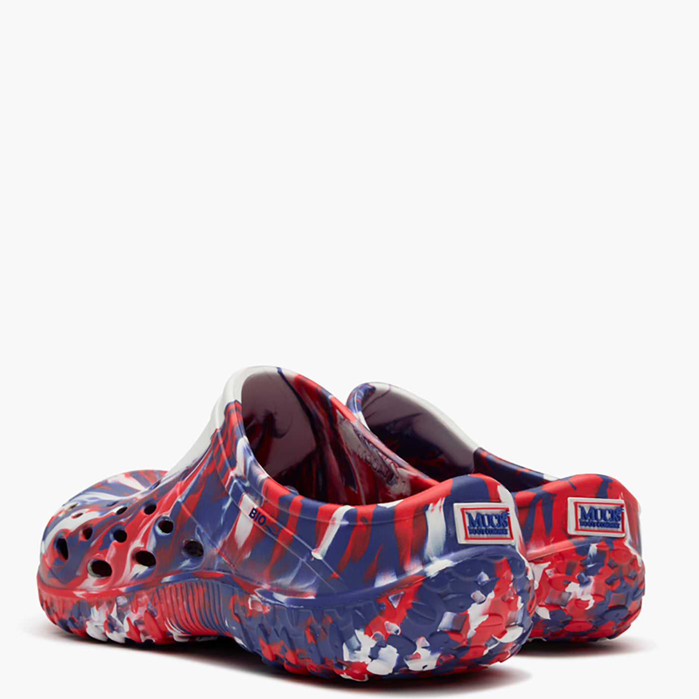 Pair of red, white, and blue patterned clogs on a white background