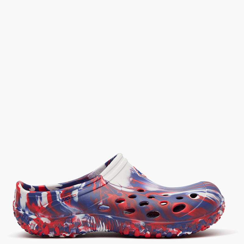 Colorful clog shoe with a pattern on a white background