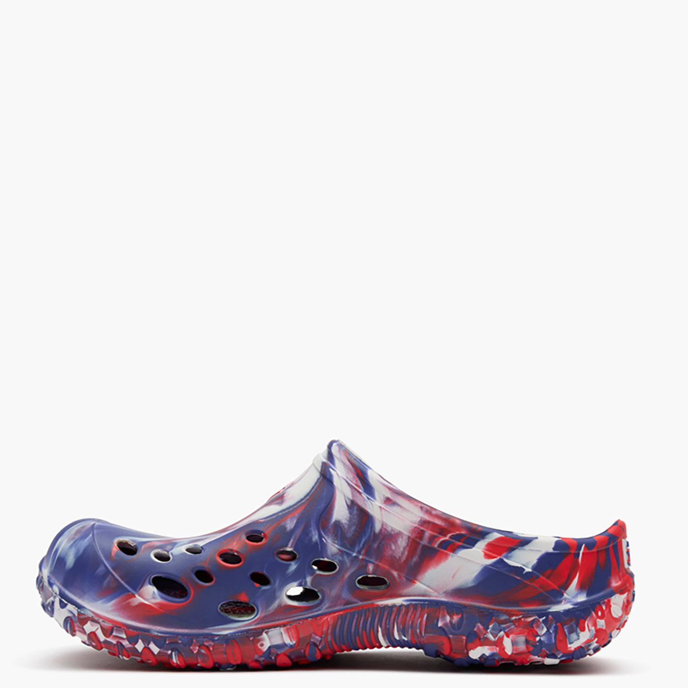 Colorful clog shoe with a tie-dye pattern on a white background