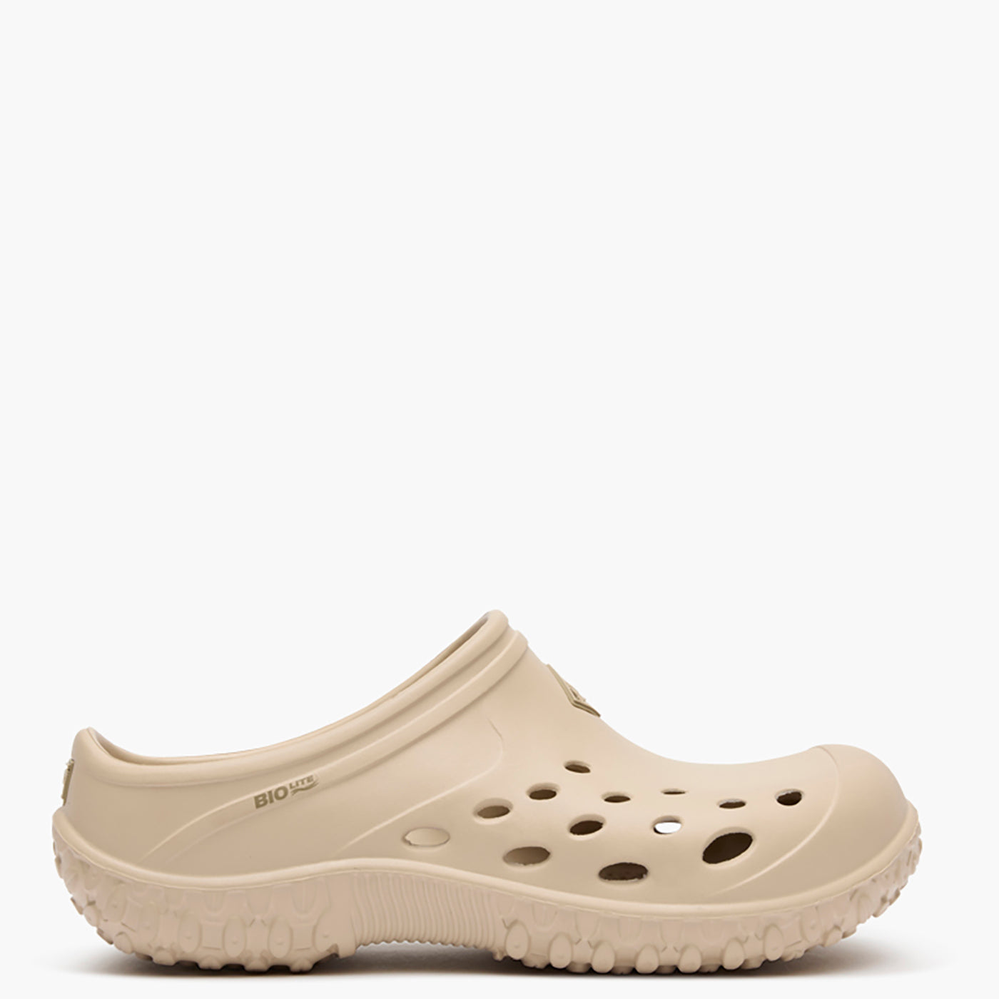 Beige clog shoe on a white background