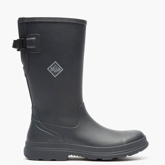 Gray rubber boot with a buckle on a white background