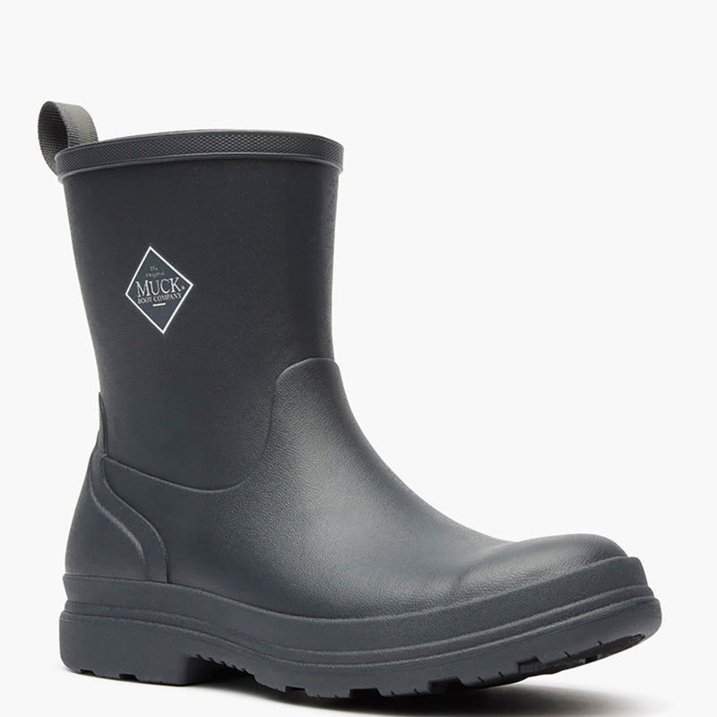 Black rubber boot with a brand logo on a white background