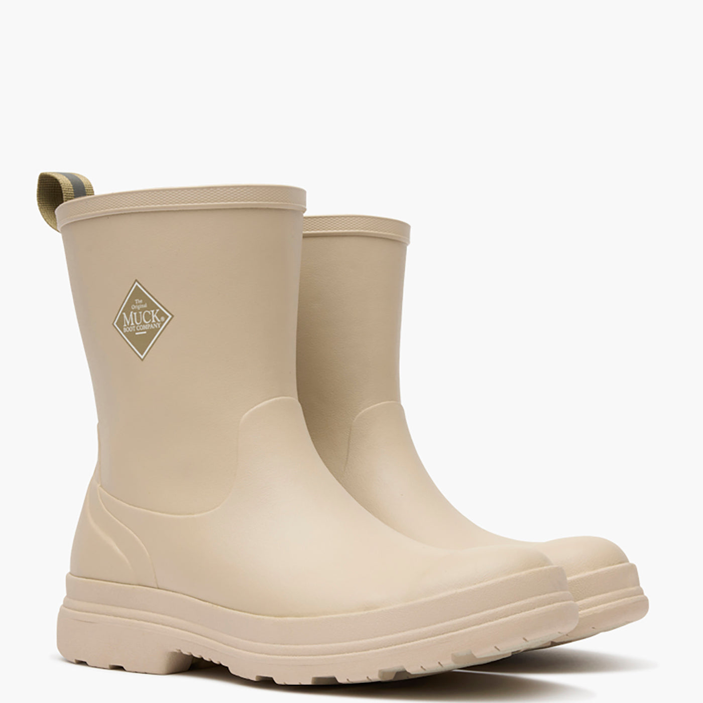 Beige rubber boots with a brand logo on a white background