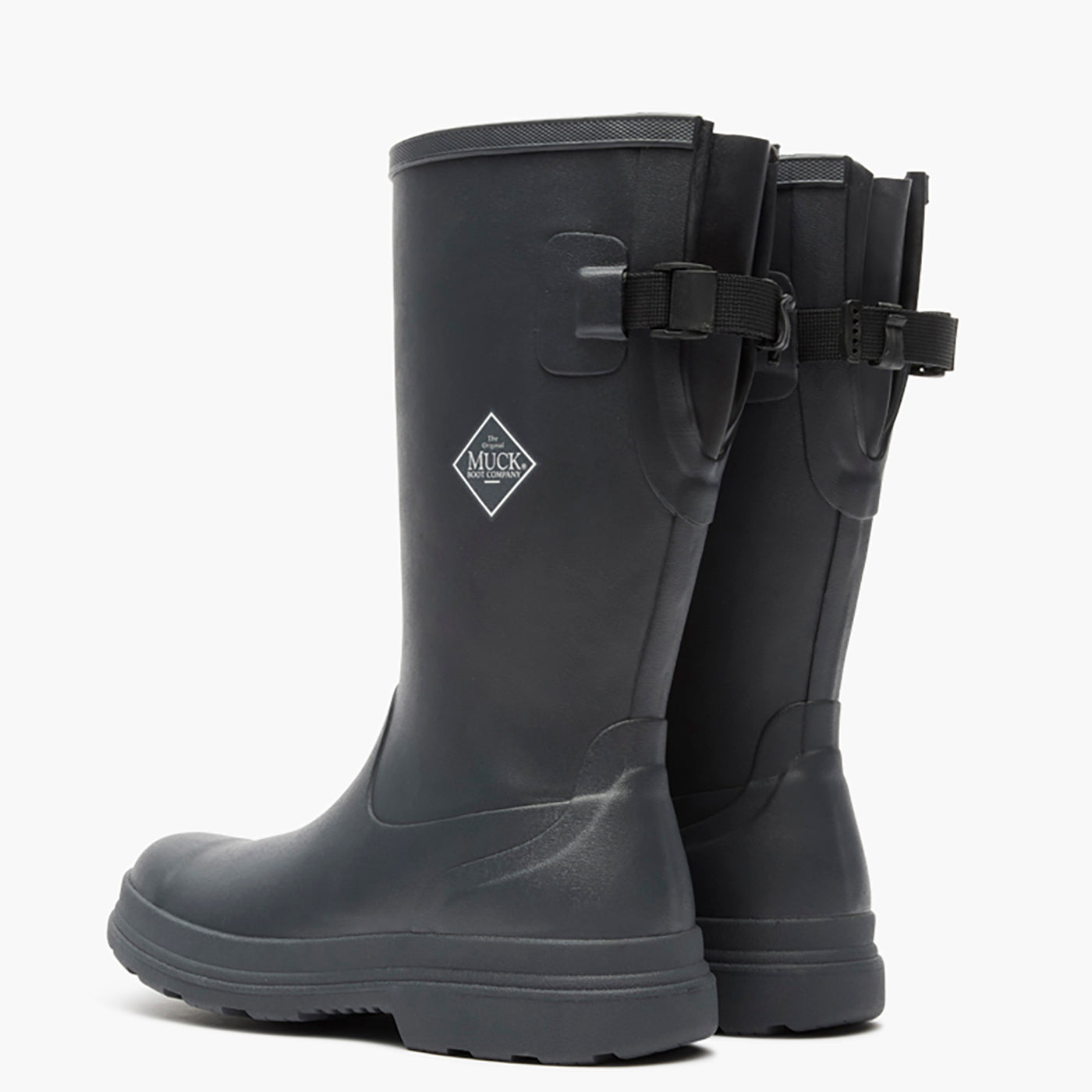 Black rubber boots with a visible brand logo on a white background
